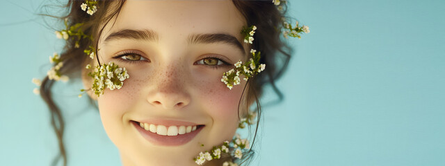 Portrait of beautiful young smiling woman with small flowers on her face on pastel background with copy space. Clean skin, natural cosmetic