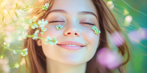 Portrait of beautiful young smiling woman with small flowers on her face on pastel background with copy space. Clean skin, natural cosmetic