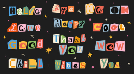 Aufkleber - Collection of various stickers. Anonymous letters cut from magazines. Cuts from newspaper. Letters on pieces of paper in different colors. Retro grunge criminal alphabet set. For anonymous message