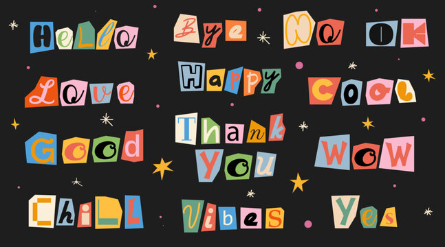 Collection of various stickers. Anonymous letters cut from magazines. Cuts from newspaper. Letters on pieces of paper in different colors. Retro grunge criminal alphabet set. For anonymous message