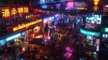 Cyberpunk shopping mall, vibrant lights, neon signs, glowing stores, vivid colors, futuristic setting, detailed scene, bustling atmosphere, neon glow