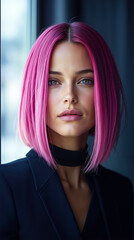 Poster - A woman with bright pink hair and a black suit