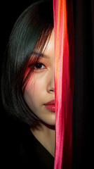 Canvas Print - A woman with black hair and a red curtain