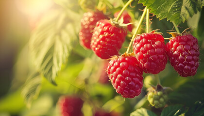 Wall Mural - Beautiful raspberry branch with ripening berries in garden, closeup