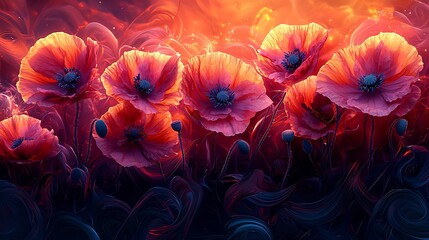 Wall Mural - Semiabstract design of poppies blooming in a field of swirling neon vines and stems symbolizing remembrance and resilience