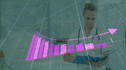 Poster - Animation of diagram and data processing over caucasian female doctor writing on clipboard