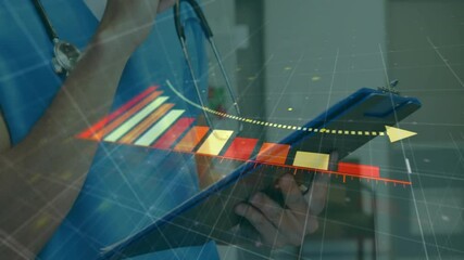 Poster - animation of diagram and data processing over caucasian female doctor writing on clipboard