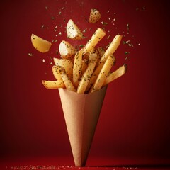 240807 03. An epic stylized advertise photo of French fries bursting energetically from a rustic paper cone, along with herb-crusted potato wedges floating up, set against a deep red gradient