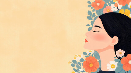 Wall Mural - A charming D illustration featuring a lovely woman surrounded by vibrant flowers on a heartfelt greeting card.