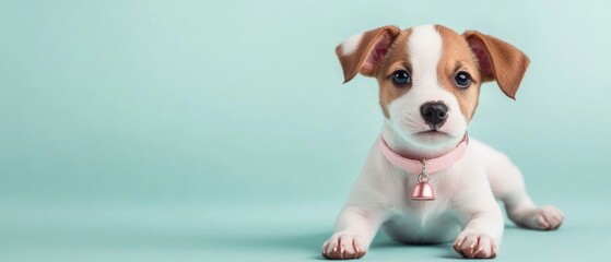 Wall Mural - A small white and brown dog is laying on a green surface