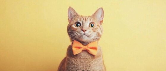 Wall Mural - A cat wearing an orange bow tie is sitting on a yellow background