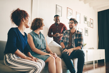 Poster - Creative, group and smile for project, meeting and producer in film production, funding and planning. Diversity, people and conversation for budgeting, discussion and brainstorming for agency