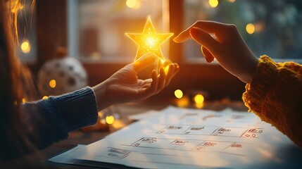 Hand reaching out to touch a star floating above a list of achieved goals, star with a glowing effect, list with check marks and handwritten notes, cozy, well-lit room setting with warm light,