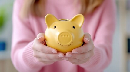 Canvas Print - A woman holding a yellow piggy bank in her hands, AI