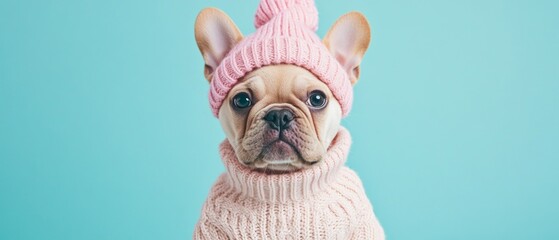 A small dog wearing a pink hat and a pink sweater