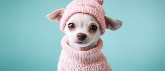 A small dog wearing a pink hat and a pink sweater