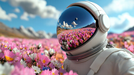 Canvas Print - A man in a spacesuit standing next to flowers with his face reflected, AI