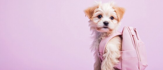 A small dog is wearing a pink backpack and standing on a pink background