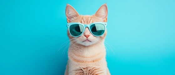 Wall Mural - A cat wearing sunglasses and standing in front of a blue background