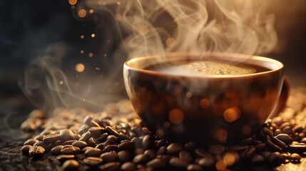 Wall Mural - A cup of coffee with steam rising from it and coffee beans scattered around it