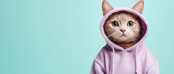 Wall Mural - A cat is wearing a pink hoodie and looking at the camera