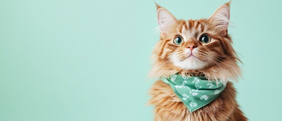 Wall Mural - A cat wearing a green bandana is looking at the camera