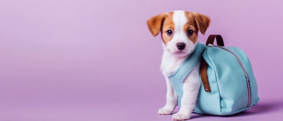 Wall Mural - A small white and brown dog is sitting on a blue bag