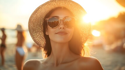 A woman with sunglasses and a sunhat, rubbing sunscreen on her arms, golden light of the late afternoon sun, beach in the background with people enjoying the day, mood of relaxation and care, soft