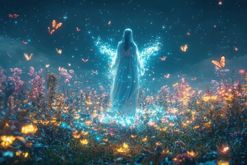 Wall Mural - Ethereal female figure surrounded by glowing fireflies and butterflies in magical forest scene