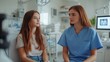 © CreativeArt - A nurse in a blue uniform engages in a conversation with a patient in a bright medical office during a routine check-up in the morning