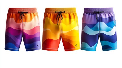 A vibrant collection of three colorful men's swim trunks designed for beach or pool activities during the summer season, showcasing playful wave patterns in bright hues