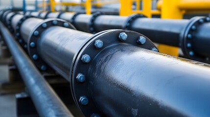 A long pipe with a black cap and a yellow pipe behind it. The pipe is made of metal and has a lot of bolts on it