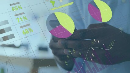 Poster - Animation of data processing and diagrams over biracial businessman using smartphone