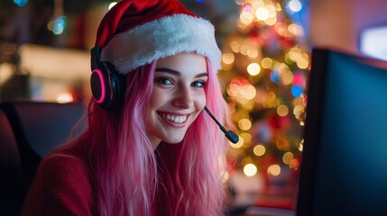 A woman with pink hair wearing a Santa hat smiles while gaming at her desk in a cozy, festive room decorated for the holidays with Christmas lights