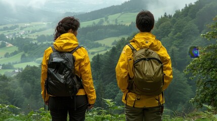 Two hikers in yellow raincoats enjoy the misty mountain views, a tranquil escape into nature