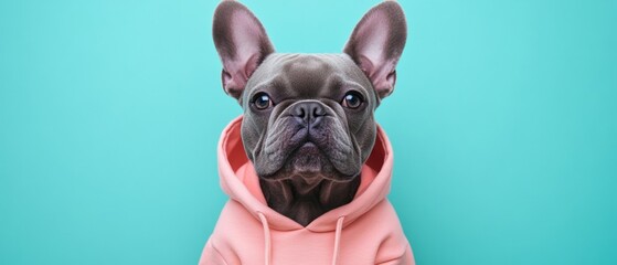 Wall Mural - A dog is wearing a pink hoodie and looking at the camera