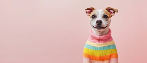 Wall Mural - A dog is wearing a colorful sweater and is smiling