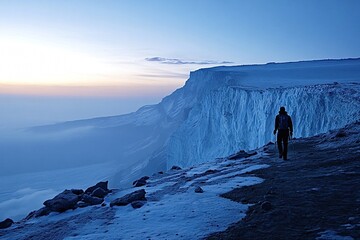 Mountaineer is trekking on a snowy mountain peak near a steep ice wall at sunrise. The climber is enjoying the fresh air and the beautiful sunrise above the clouds