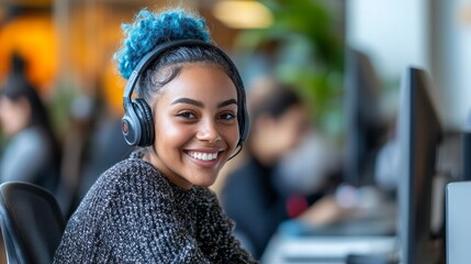 A young woman with a blue bun hairstyle smiles at her desk while wearing headphones in a bright, modern office during a busy workday