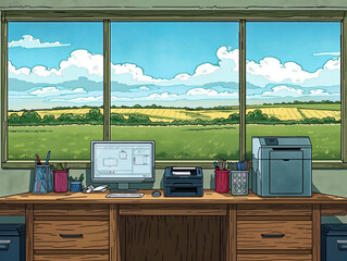 Wall Mural - A computer desk with a printer and a computer monitor. The desk is in front of a window with a view of a field