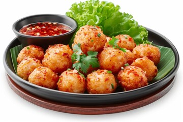 Canvas Print - A plate of crispy Thai fish cakes with a side of sweet chili sauce