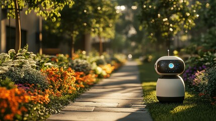 Wall Mural - Autonomous AI-guided robots maintaining city parks and gardens: Robots trimming grass, watering plants, and cleaning pathways in public parks, guided by AI.