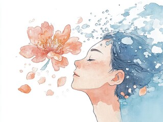 A serene watercolor illustration of a person immersed in tranquil thoughts, surrounded by flowers and soft, flowing colors.