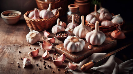 Fresh garlic heads and cloves hover over a wooden table