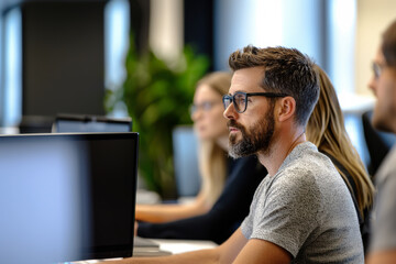 Canvas Print - Portrait of a team of programmers in an office solving a project together, collaboration and innovation