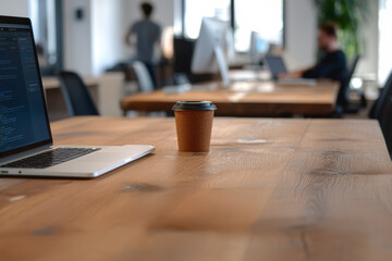 Canvas Print - Laptop and cup of coffee on a table in a co-forking, comfortable workspace, natural materials in the interior