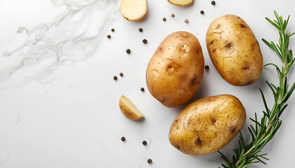 Tasty baked potato and aromatic rosemary on white marble table, flat lay