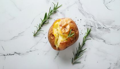 Canvas Print - Tasty baked potato and aromatic rosemary on white marble table, flat lay