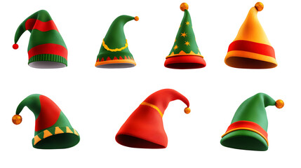 Canvas Print - A collection of funny hats. Elf hats set isolation on white background. illustration.