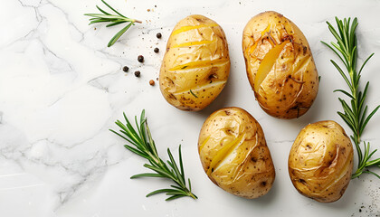 Sticker - Tasty baked potato and aromatic rosemary on white marble table, flat lay